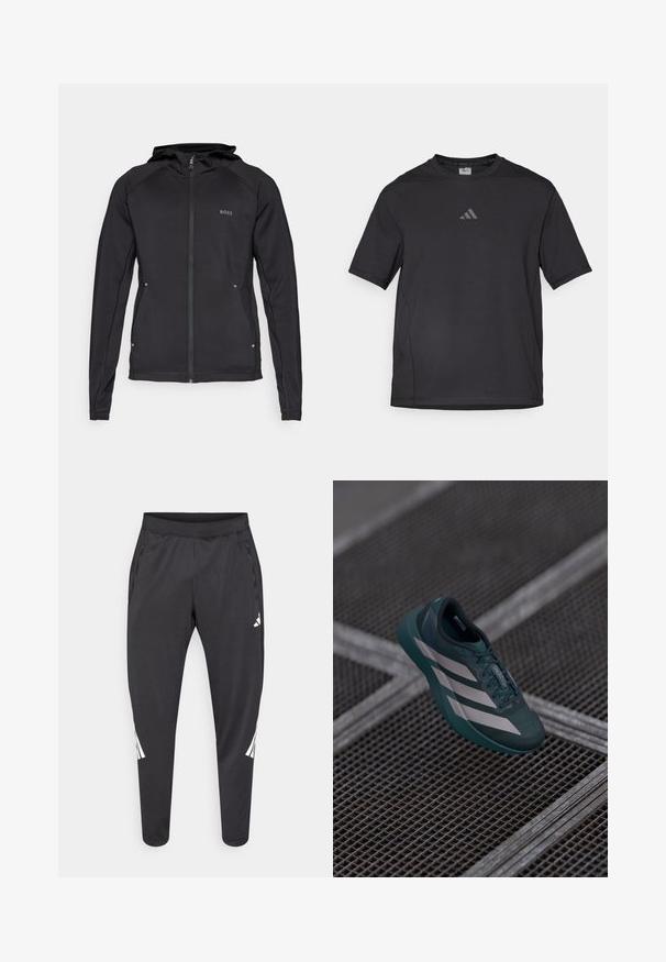 Juodas sportinis džemperis su užtrauktuku priekyje, kapišonu ir plokščiais siūlėmis. Viršutinėje kairėje pusėje yra logotipas, o apačioje - atspindintys akcentai.; Juodas sportinis marškinėlis pagamintas iš kvėpuojančios medžiagos, su trumpomis rankovėmis, apvaliu kaklu ir atspindinčiu logotipu ant krūtinės.; Juodos sportinės kelnės su siaurėjančiomis kojų apačiomis, elastine juosmens juosta, šoninėmis kišenėmis bei baltu logotipu ir dryžiais. Pagamintos iš glotnios, lengvos medžiagos.; Tamsiai žalia sportinė avalynė su tekstūruotu paviršiumi, turinti tris baltas juosteles, apvalų nosį ir paminkštintą pado dalį.