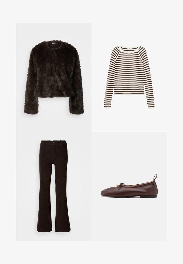 Hnědá umělá kožichová zkrácená bunda s kulatým výstřihem a dlouhými rukávy. Hedvábná textura, jemný vzhled, žádné viditelné zapínání nebo vzory.; Dlouhý rukáv tričko s horizontálními pruhy v hnědé a bílé barvě, vyrobené z měkké látky s kulatým výstřihem a přiléhavým střihem.; Hnědé manšestrové kalhoty s rozšířenými nohavicemi a strukturální povrchovou úpravou, s předním zapínáním na knoflíky, poutky na pásek a dvěma zadními kapsami.; ALOHAS ROSALIND BALLET FLATS - Klasické baleríny - brown