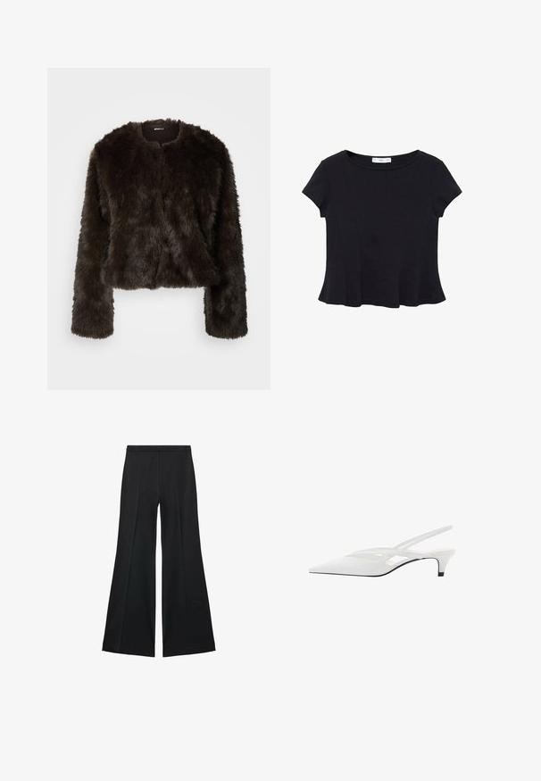 Hnědá umělá kožichová zkrácená bunda s kulatým výstřihem a dlouhými rukávy. Hedvábná textura, jemný vzhled, žádné viditelné zapínání nebo vzory.; Černý tričko s krátkým rukávem vyrobené z měkké tkaniny, s kulatým výstřihem a rozšířeným lemem s jemným švem.; Černé kalhoty s širokými nohavicemi a hladkou texturou, s předními sklady a přizpůsobeným střihem. Materiál je lehký a splývavý.; Bílé slingback podpatky se špičatou špičkou, s hladkým svrškem, jemnými výřezy a nízkým blokovým podpatkem. Černá podrážka zvýrazňuje design.