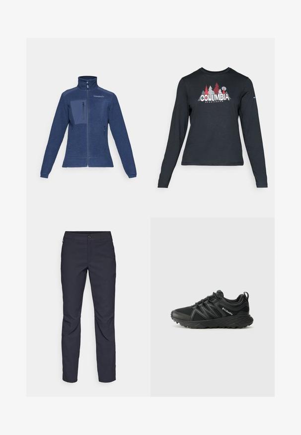 Tumed sinine fliistekott, millel on kõrge krae, ees lukuga ja vasakul rinnal tasku. Struktuurne materjal ja lamedad õmblused. Kaks külgtaskut.; Pikend varrukatega tumehall särk, millel on punaste puude ja mägede graafika; "COLUMBIA" logo julge valge tekstiga. Pehme kangas, tavaline ümmargune kaelus.; Tumedat sinised püksid sujuva kangaga, millel on esiääre nuppude sulgemine, kitsas lõige ja volditud detailid põlvede piirkonnas.; Columbia PEAKFREAK - Matkajalatsid - black