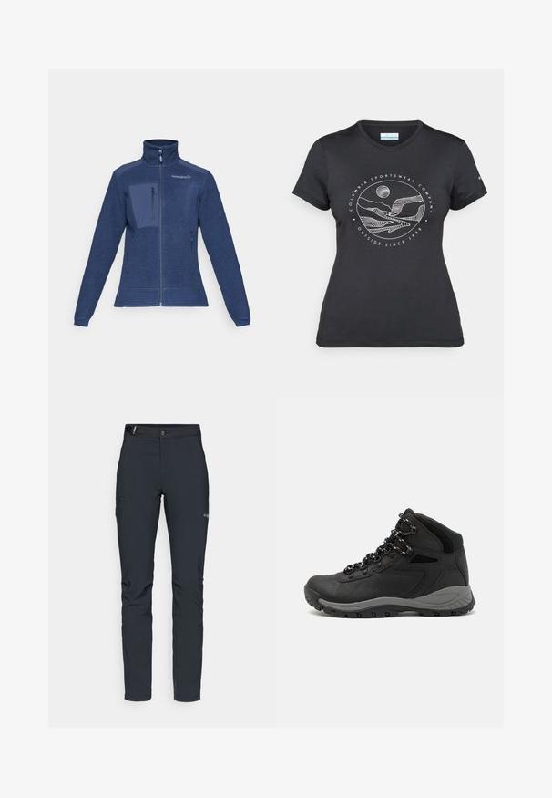 Marineblå fleecejakke med høy krage, glidelås foran og lomme på venstre bryst. Struktureret stoff og flate sømmer. To sidelommer.; Svart Columbia t-skjorte med hvit sirkulær fjell- og elvlinjekunst og tekst "Columbia Sportswear Company Outside Since 1938."; Herre utendørsbukser, mørkegrå, laget av fleksibelt materiale, med belte, glidelåslommer og forsterkede sømmer.; Sorte turstøvler med mid-topp design, som har en teksturert overdel, grå detaljer og slitesterk gummisåle med godt grep.