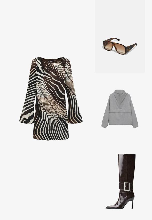 Grå kvart-zip pullover, der har en høj krave og lange ærmer. Fremstillet af struktureret stof med et subtilt mønster og en afslappet pasform.; Langærmet kjole i brun og cremelæder med zebra-stribe mønster. Blødt tekstil, udluftede ærmer og rund halsudskæring.; Mørkebrune knæhøje læderstøvler med spids tå, stiletto-hæl og bred rem med stort rektangulært sølvspænde.; Chunky skildpaddebrune solbriller med brune gradientlinser; rektangulær form og flade sider. Logo indgraveret på stangen.; Gul håndtaske har struktureret stof med runde metalnitter, en triangel logo plade og en kædestropp med runde metaløjer.