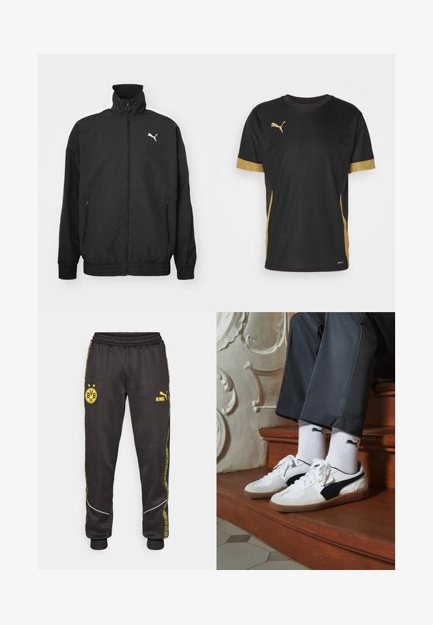 Czarna kurtka zapinana na zamek z wysokim kołnierzem, elastycznymi mankietami, bocznymi kieszeniami i białym logo Pumy po lewej stronie klatki piersiowej; gładka tekstura materiału.; Czarny sportowy T-shirt z złotymi akcentami na rękawach i boku. Posiada okrągły dekolt, krótkie rękawy oraz materiał odprowadzający wilgoć DRYCELL.; Czarne sportowe spodnie z żółtymi logo Borussia Dortmund BVB 09 i Puma King, elastyczną talią oraz wzorzystymi żółtymi paskami po bokach.; Sneakers Puma w białym i czarnym zamszu, z brązową gumową podeszwą. W połączeniu z białymi skarpetkami z czarnym logo, noszone z ciemnymi spodniami.