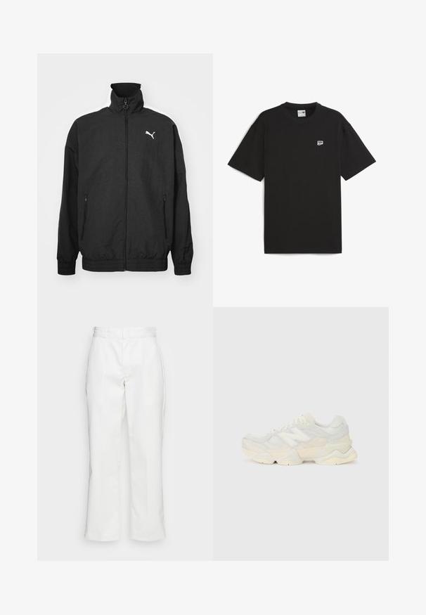 Čierna zipsová bunda s vysokým golierom, elastickými manžetami, bočnými vreckami a bielym logom Puma na ľavej hrudi; hladká textúra látky.; Čierne tričko s krátkym rukávom vyrobené z bavlny, s okrúhlym výstrihom a malým bielym logom na hrudi. Jednoduchý, voľný strih.; Biele bavlnené nohavice s rovnými nohavicami, pútka na opasok a bočné vrecká, s hladkou textúrou a minimálnym detailovaním.; Ľahká teniska s vrchom z nylonovej sieťoviny a zamatovej kože v jemných krémových odtieňoch, so robustnou podrážkou a trojrozmernými akcentmi.