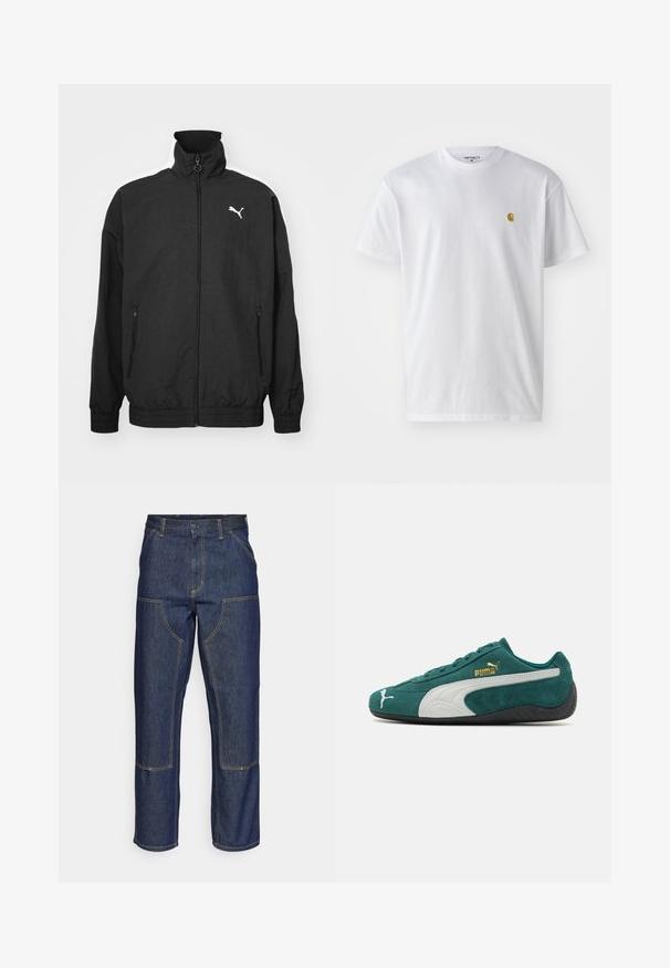 Casaco preto com fecho éclair, gola alta, punhos elásticos, bolsos laterais e logotipo branco da Puma no lado esquerdo do peito; textura de stoff suave.; T-shirt branca de algodão com mangas curtas, decote redondo, apresentando um pequeno logótipo dourado na área do peito esquerdo. Textura macia e ajuste regular.; Jeans de ganga escura com uma cintura alta, design de perna reta, costuras em contraste e bolsos de remendo na frente.; Sapatilhas de camurça verde com acentos brancos e cinzentos, superfície texturizada, sola de borracha plana e detalhes em logótipo dourado na lateral.