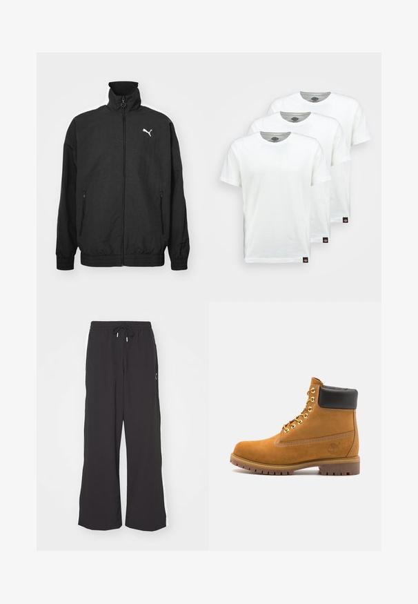 Black zip-up jacket with high collar, elastic cuffs, side pockets, and white Puma logo on the left chest; smooth fabric texture.; Three plain white cotton t-shirts with short sleeves. Each shirt features a round neckline and a small black logo tag on the left side.; Black wide-leg sweatpants with an elastic waistband and drawstring. Features white side stripes and two side pockets. Smooth texture.; Tan suede ankle boot with black padded collar, gold metal eyelets, white stitching detailing, and rugged rubber sole with pronounced treads.