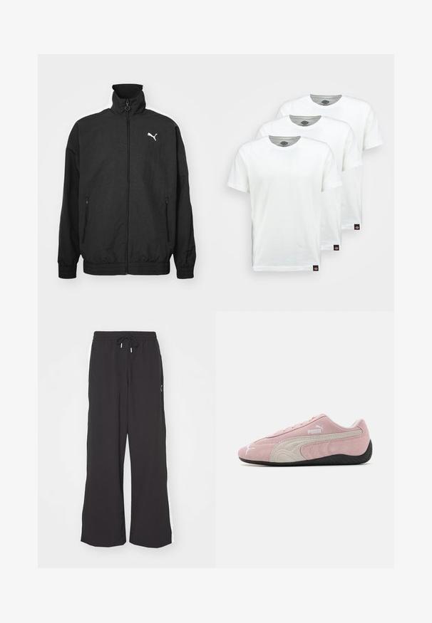 Mustmust mustripäev, millel on kõrge kaelus, elastsed mansetid, küljetaskud ja valge Puma logo vasakul rinnal; sile tekstiil.; Kolm üksikut valget puuvillast T-särki lühikeste varrugatega. Igal särgil on ümmargune kaelus ja väike must logo sildik vasakul küljel.; Mustad lai jalad, millega on elastsusvöö ja pael. Funktsioonid valged külgtriibud ja kaks külgtaskut. Sile tekstuur.; Roosa sametist tennisekad, hallide aktsentidega, voolujooneline disain, tekstureeritud ülemine osa ja must kummitald. Külje peal Puma logo.