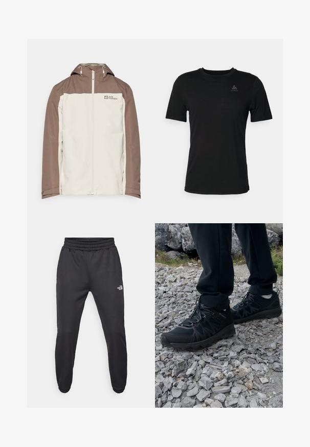 Jack Wolfskin TAUBENBERG 3IN1 JACKET - Winterjacke - seal; Schwarzes T-Shirt aus leichtem Material, mit rundem Halsausschnitt, kurzen Ärmeln und einem kleinen Markenlogo auf der oberen linken Seite.; Schwarze Jogginghose mit verstellbarem Bund, schlanker Passform, elastischen Bündchen und einem kleinen weißen Logo am linken Oberschenkel, hergestellt aus glattem Stoff.; Schwarze Outdoor-Schuhe aus Mesh und synthetischem Material, mit einer strukturierten Oberseite, gesichertem Schnürsystem und griffiger Laufsohle, auf felsigem Gelände.