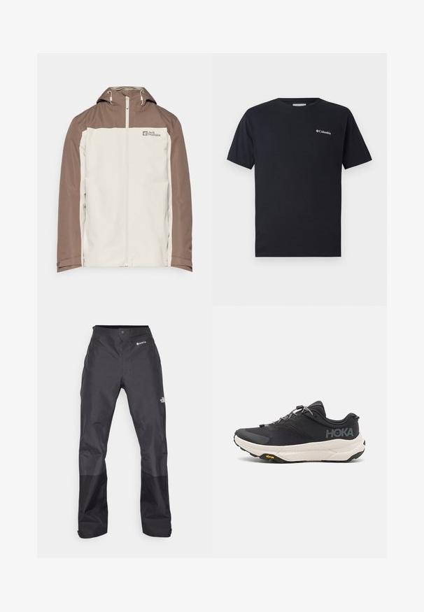 Jack Wolfskin TAUBENBERG 3IN1 JACKET - Talvejope - seal; Must muströöpide t-särk, mis on valmistatud puuvillast, ning mille vasakul rinnal on väike valge Columbia logo. Klassikaline ümar kaelus ja lõdvestunud lõige.; Mustad vettpidavad püksid, millel on sile tekstuur, ees GORE-TEX logo ja tugevdatud alumised jalad vastupidavuse tagamiseks.; Mustmustun mustus kingad tekstuurse ülusega, hallide aktsentidega, peegeldavate detailidega ning paksu valge tallaga, millel on Vibram'i bränding.