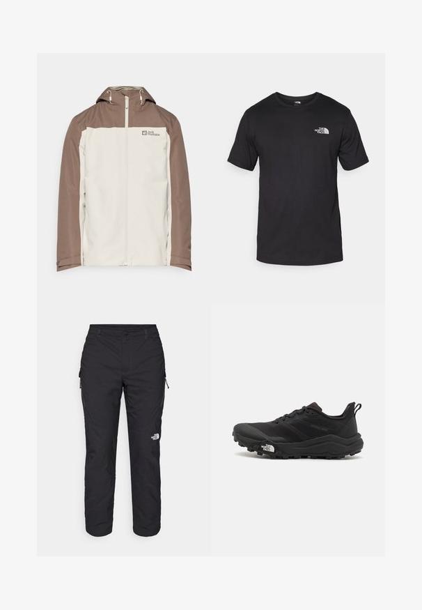 Jack Wolfskin TAUBENBERG 2-IN-1 beżowy; Czarna koszulka z krótkim rękawem wykonana z bawełny, z okrągłym dekoltem i małym białym logo na górnej lewej części klatki piersiowej.; The North Face WINTER EXPLORATION czarny; Czarne buty do biegania w terenie z teksturowaną cholewką, gumową podeszwą i wzmocnionym noskiem. Posiadają wyściełany kołnierz oraz uchwyt do łatwego zakładania.