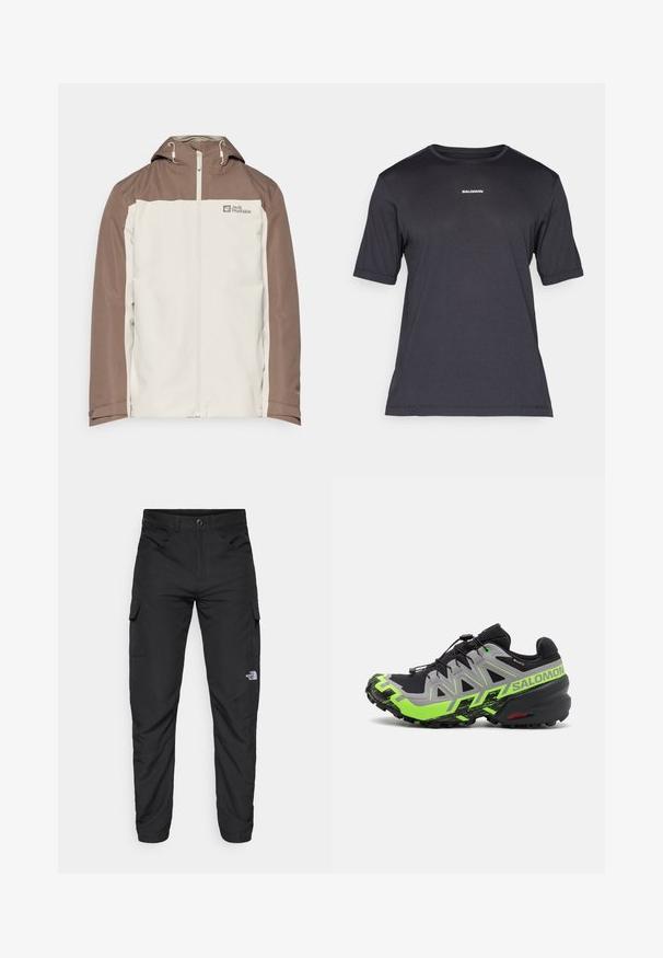 Jack Wolfskin TAUBENBERG 3IN1 JACKET - Winterjas - seal; Zwarte korte mouwen performance t-shirt van ademend materiaal, met een ronde halslijn en een klein wit "SALOMON" logo op de borst.; The North Face HORIZON PANT - Outdoorbroeken - black; Zwarte en grijze trailrunning schoenen met heldergroene accenten, voorzien van een gestructureerde zool, geavanceerd vetersysteem en robuuste uitstraling.