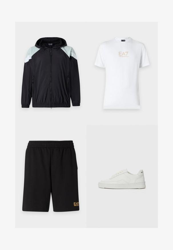 Ελαφρύ μαύρο μπουφάν με κουκούλα, που διαθέτει πράσινες λεπτομέρειες στους ώμους και λευκές ρίγες. Περιλαμβάνει τσέπες με φερμουάρ και ελαστικές μανσέτες.; Λευκό βαμβακερό t-shirt με στρογγυλή λαιμόκοψη και κοντά μανίκια, με χρυσό λογότυπο EA7 Emporio Armani τυπωμένο μπροστά.; Μαύρες αθλητικές βερμούδες από μαλακό ύφασμα, με ελαστική μέση και μικρό λογότυπο EA7 στο κάτω αριστερό πόδι.; Λευκό δερμάτινο sneakers με λείο φινίρισμα, στρογγυλή μύτη, επίπεδα κορδόνια και υφή στην σόλα. Φέρει μια διακριτική λογότυπο στη φτέρνα.