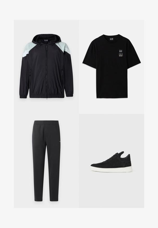 Casaco preto leve com capuz, apresentando acentos em verde menta nos ombros e detalhes em branco listrado. Inclui bolsos com zíper e punhos elásticos.; T-shirt de algodão preto com mangas curtas, decote redondo e uma pequena etiqueta com logótipo na parte da frente, apresentando símbolos de cuidado em branco.; Calças de treino pretas feitas de tecido suave, com um cós elástico, pernas retas e um pequeno detalhe de logotipo de um lado.; Sapatilha de camurça preta com sola de borracha branca, apresentando costuras tonais e um design com atacadores. Textura suave com uma forma moderna e simplificada.