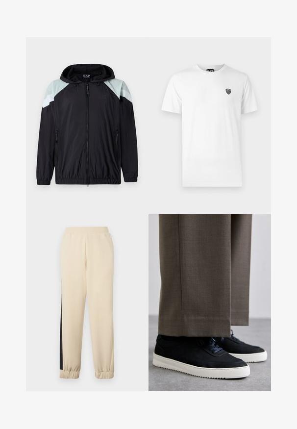 Lengvas juodas džemperis su kapišonu, dekoruotas mėtų žalios spalvos peties akcentais ir baltais dryžiais. Įtraukti užtrauktuku užsegami kišenės ir elastingi rankogaliai.; Balta medvilninė marškinė su trumpomis rankovėmis, su mažu juodu logotipu kairėje krūtinės pusėje. Klasikinio apvalaus kaklo dizainas.; Kremo spalvos sportinės kelnės su juodomis šoninėmis juostelėmis, elastingu juosmeniu ir ribotu rankogaliu. Minkšta medžiaga, laisvas siluetas.; Juodi zomšiniai sportbačiai su baltais guminiais padais, su apvalia nosimi ir raišteliais, dėvimi su pilkais pritaikytais kelnais.