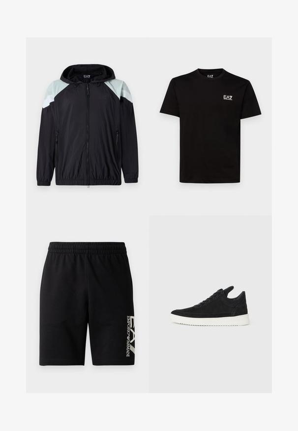 Casaco preto leve com capuz, apresentando acentos em verde menta nos ombros e detalhes em branco listrado. Inclui bolsos com zíper e punhos elásticos.; T-shirt preta de algodão com decote redondo, mangas curtas e pequeno logótipo EA7 branco no lado esquerdo do peito. Textura suave e corte regular.; EA7 Emporio Armani TRAIN VISIBILITY - Calções - black/cream; Sapatilha de camurça preta com sola de borracha branca, apresentando costuras tonais e um design com atacadores. Textura suave com uma forma moderna e simplificada.
