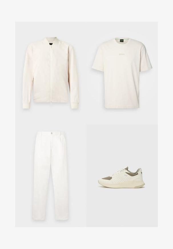 Svetlo béžová bomber bunda so zipsom vpredu, ryhovaným golierom a manžetami, vyrobená z hladkej, ľahkej tkaniny. Obsahuje bočné vrecká a minimalistický dizajn.; BOSS TEE - Základné tričko - open white; Biele nohavice vyrobené z hladkej tkaniny, s rovnými nohavicami, prednými záhybmi a jedným gombíkom na zapínanie v páse.; Biele a svetlo béžové športové tenisky s hornou časťou z mriežkového materiálu, perforovanými detailmi a textúrovanou medzipodrážkou s logom na päte.