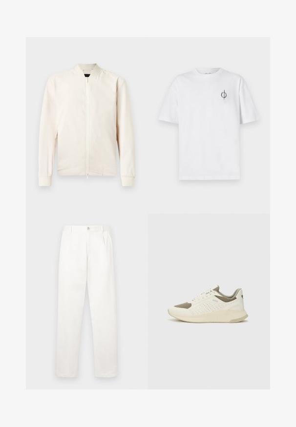Lichtbeige bomberjack met een rits aan de voorkant, ribgebreide kraag en manchetten, gemaakt van glad, lichtgewicht materiaal. Voorzien van zijzakken en een minimalistisch design.; Witte katoenen t-shirt met een ontspannen pasvorm, voorzien van een klein zwart graphic logo op de linkerkant van de borst. Korte mouwen, ronde hals.; Witte broeken gemaakt van een gladde stof, met een recht model, voorplooien en een enkele knoopsluiting bij de taille.; Witte en lichtbeige sport sneaker, met een bovenwerk van mesh, geperforeerde details en een gestructureerde tussenzool met branding op de hiel.