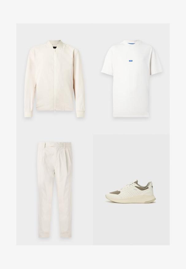Giacca bomber color beige chiaro con zip frontale, colletto e polsini a coste, realizzata in tessuto leggero e liscio. Presenta tasche laterali e un design minimalista.; Maglietta bianca a maniche corte con un piccolo logo rettangolare blu con la scritta "HUGO" al centro del petto, sfondo semplice.; Pantaloni bianchi plissettati con taglio su misura, caratterizzati da una texture liscia, passanti per la cintura e gambe affusolate. Nessuna tasca o motivo visibile.; Sneaker atletica bianca e beige chiaro, con tomaia in mesh, dettagli perforati e una suola intermedia texturizzata con marchio sul tallone.