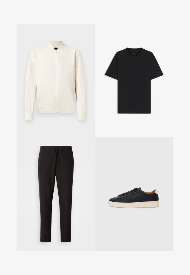 Giacca bomber color beige chiaro con zip frontale, colletto e polsini a coste, realizzata in tessuto leggero e liscio. Presenta tasche laterali e un design minimalista.; Maglietta nera a maniche corte realizzata in un morbido misto cotone, con scollatura a girocollo e un design minimalista senza motivi o dettagli.; Pantaloni jogger neri realizzati in tessuto liscio. Presentano una vita elasticizzata con stringa, gambe affusolate e senza tasche visibili. Design semplice.; Sneakers in pelle nera con una texture liscia, suola in gomma beige, design con lacci e un accento del tacco in contrasto.