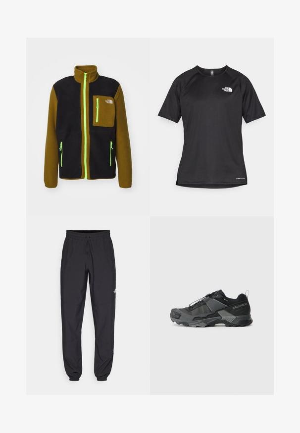 The North Face YUMIORI czarny; Czarna, krótkosleeve'owa koszulka sportowa z teksturowanej tkaniny, z białym logo na lewej piersi i prostym dołem.; Czarne spodenki sportowe wykonane z lekkiego materiału, z elastycznym pasem na sznurek, bocznymi kieszeniami i zwężanymi mankietami przy kostkach.; Czarne buty do biegania po szlakach z trwałą siateczką górną, wzmocnionym czubkiem, teksturowaną gumową podeszwą oraz elastycznym systemem sznurowania dla pewnego dopasowania.