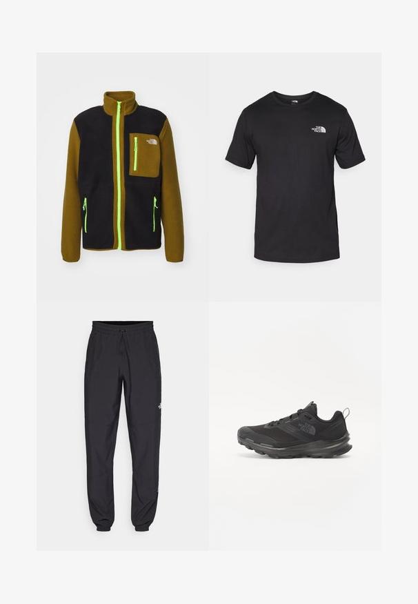 The North Face M YUMIORI FULL ZIP - Flisinė striukė - black/moss green; Juodas trumpas rankovės marškinėliai, pagaminti iš medvilnės, su apvaliu kaklu ir mažu baltu logotipu viršutiniame kairiajame krūtinės kampe.; Juodos sportinės kelnės, pagamintos iš lengvos medžiagos, su raišteliu liemens srityje, šoniniais kišenėmis ir siaurėjantys apykaklės prie kulkšnies.; Juodos sportinės bateliai su tinklelio viršumi, guminiais padu ir paminkštintu apykakle. Yra raišteliai, logotipas šone ir tekstūruotas dizainas.