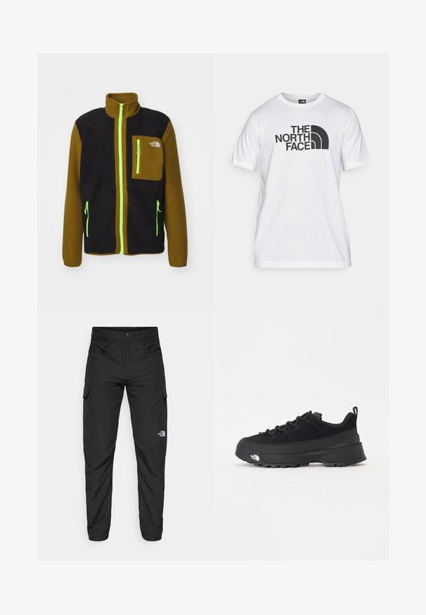 The North Face M YUMIORI FULL ZIP - Φλις μπουφάν - black/moss green; Λευκό βαμβακερό t-shirt με μαύρη γραφική εκτύπωση που περιλαμβάνει κείμενο και σχεδίαση καμπύλου λογότυπου. Στρογγυλή λαιμόκοψη και κοντά μανίκια. Απλή υφή.; The North Face HORIZON PANT - Παντελόνι εξωτερικού χώρου - black; Μαύρο εξωτερικό αθλητικό παπούτσι με σουέτ άνω μέρος, υφασμένο καουτσούκ σόλα και ανθεκτικό σύστημα δέσης. Διαθέτει ενισχυμένη φτέρνα και λογότυπο της μάρκας στο πλάι.