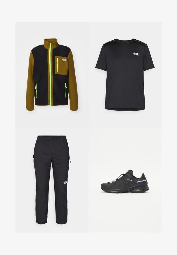The North Face M YUMIORI FULL ZIP - Fleecejacka - black/moss green; Svart kortärmad T-shirt i lättviktig tyg. Har en liten vit logotyp på vänster bröst och subtila axeltoner.; The North Face WINTER EXPLORATION TAPERED CARGO - Friluftsbyxor - black; Svart terränglöparskor med en texturerad överdel, elastiska snören och Contagrip-sula. Har en snug passform och skyddande tåkappa.