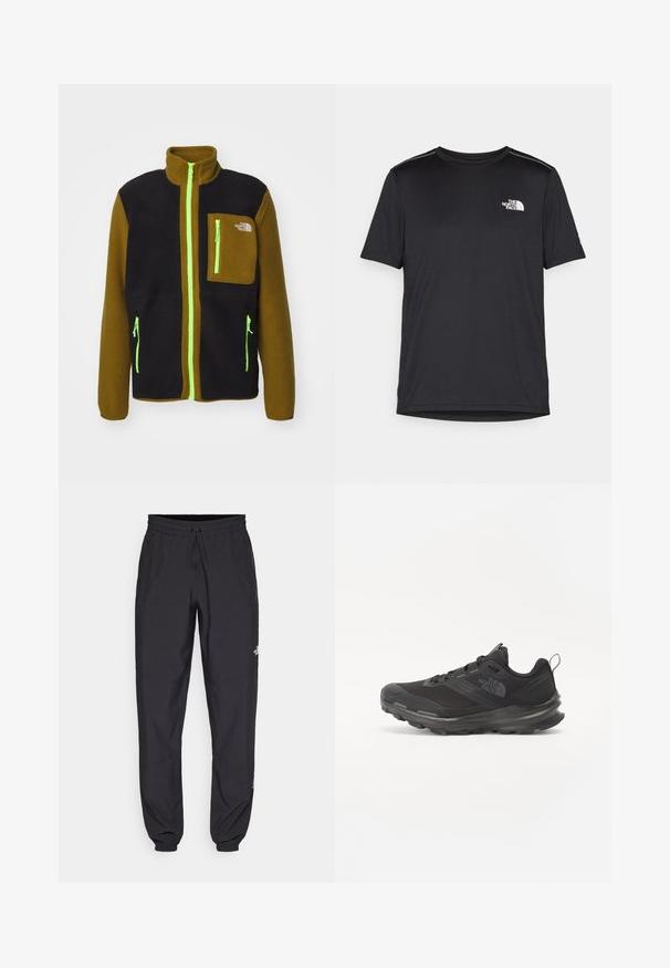 The North Face M YUMIORI FULL ZIP - Jakna od flisa - black/moss green; Crna majica kratkih rukava izrađena od lagane tkanine. Ima mali bijeli logo na lijevoj strani grudi i suptilne naglaske na ramenima.; Crne sportske hlače od lagane tkanine, s pojasom na vezanje, bočnim džepovima i suženim manžetama na gležnjevima.; Crne sportske tenisice s mrežastim gornjim dijelom, gumiranom potplatom i podstavljenim rubom. Imaju vezice, logo sa strane i teksturirani dizajn.