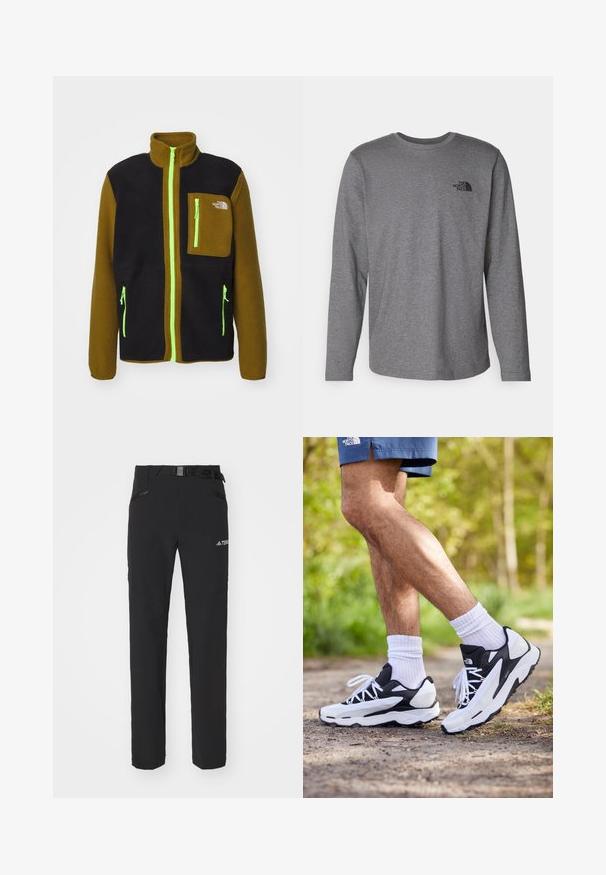 The North Face M YUMIORI FULL ZIP - Fleecejacka - black/moss green; The North Face M L/S SIMPLE DOME TEE - Långärmad tröja - medium grey heather; Svarta utomhusbyxor med slät tyg, sidofickor med dragkedja, förstärkta knäsektioner och en justerbar midja med spänne.; Svartvita träningsskor med mesh-överkappa, texturerade detaljer och vita snören. Bärs med vita ankelsockar och marinblå shorts på en stig.