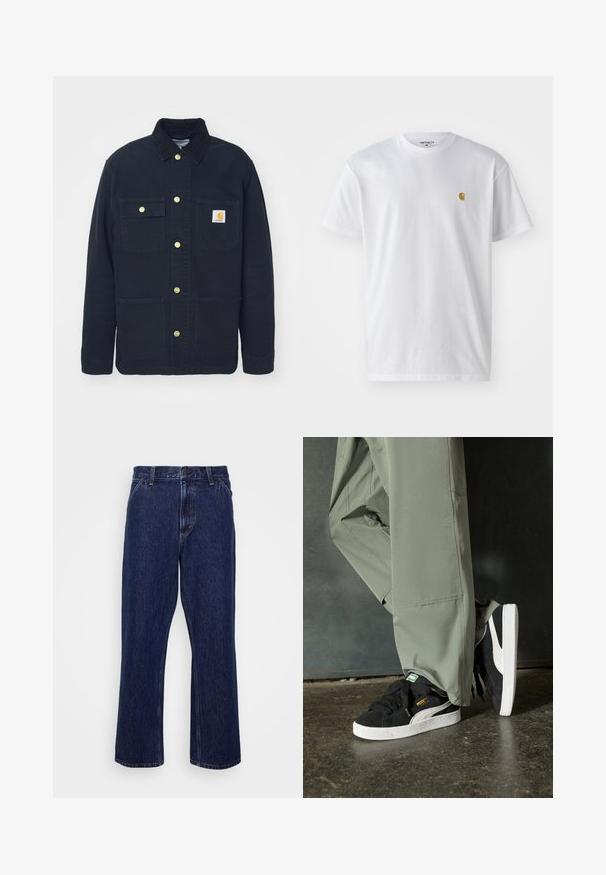 Black utility jacket made of cotton with a corduroy collar, featuring gold buttons, two chest pockets, and a logo patch on the left pocket.; White cotton t-shirt with short sleeves, crew neck, featuring a small gold logo on the left chest area. Soft texture and regular fit.; Dark blue denim jeans with a straight-leg design, featuring a button closure, five-pocket style, and subtle stitching details.; Black suede sneakers with white rubber soles and side stripes, paired with light green cargo pants, standing on a textured dark surface.