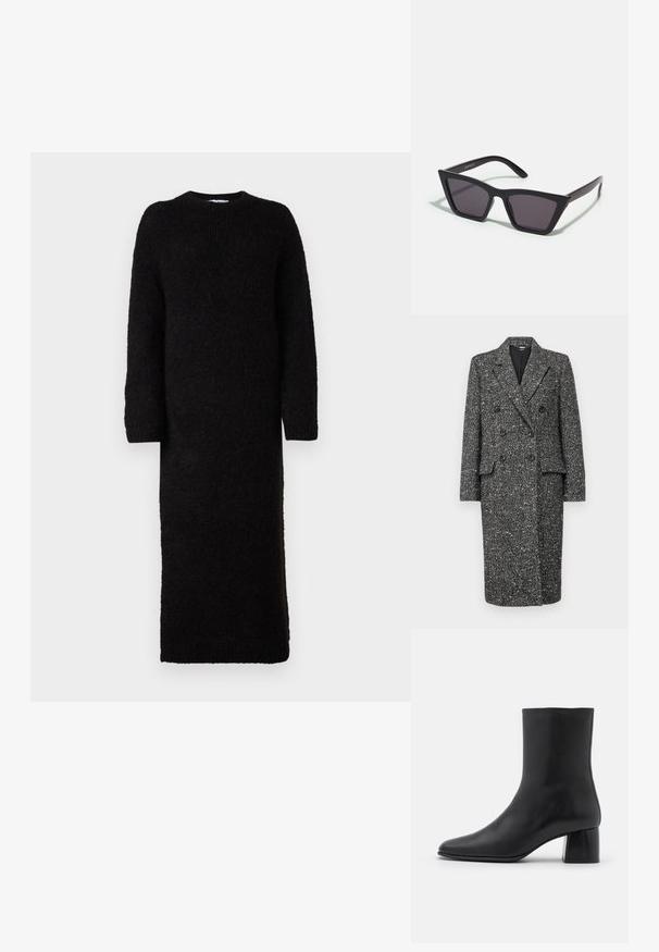 LIU JO CAPPOTTO OVERSIZE FIT - Klasický kabát - black/white; Dlouhá černá svetr šaty vyrobené z texturované pleteniny, s kulatým výstřihem a dlouhými rukávy, se rovnou siluetou.; Černé kožené kotníkové boty s špičatou špičkou a robustním čtvercovým podpatek. Hladká textura s bezšvovým designem a minimalistickým prošíváním.; Černé, ostré sluneční brýle s šedými skly; vyrobené z plastu, s mohutnými rameny a hladkým povrchem bez viditelného hardwaru.; Bílý šátek s texturovaným vzorem, se střapci na koncích. Materiál vypadá jemně a lehce, složený do úhledného tvaru pro vystavení.