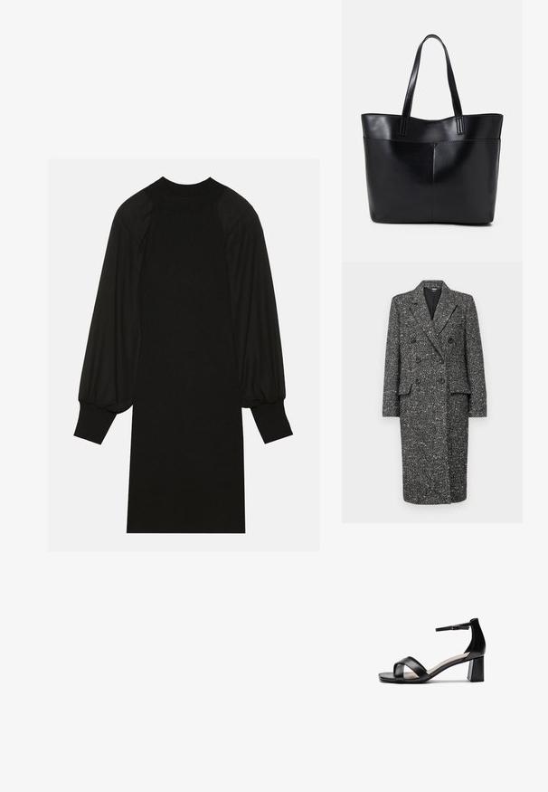 LIU JO CAPPOTTO OVERSIZE FIT - Klassisk frakke - black/white; Sort kjole med ribbet stof, puffede ærmer og høj halsudskæring. Silhuetten er lige og går ned til knæet.; Sort åben tå hæl sandal med krydsede remme, justerbar ankelrem og en chunky hæl, der har en glat læderoverflade.; Sort læder tote taske med to lange håndtag, en glat tekstur og en struktureret form. Har en forlommem for ekstra opbevaring.