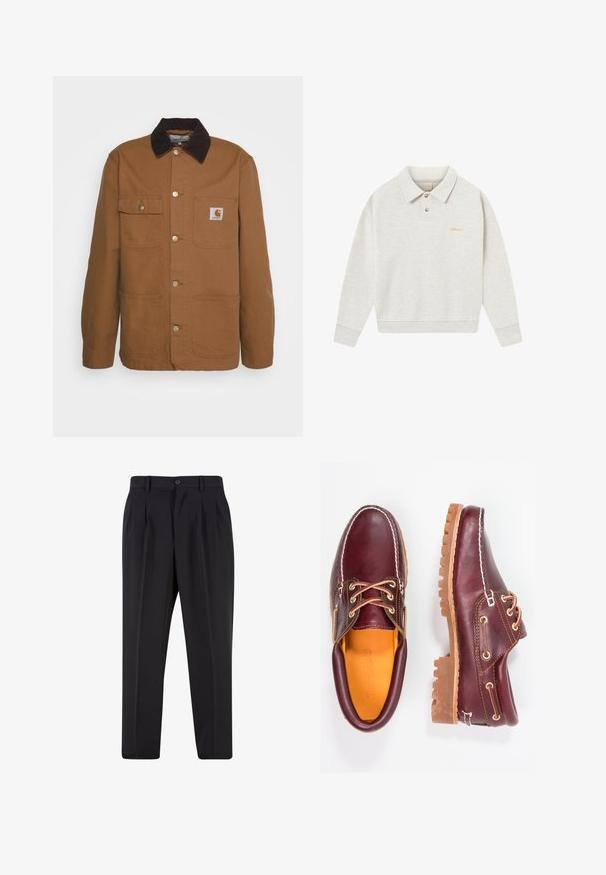 Giacca da lavoro marrone realizzata in tessuto resistente, con colletto in velluto a coste, dotata di quattro tasche e bottoni in metallo nella parte anteriore.; Felpa polo grigia chiara realizzata in morbido tessuto, con pattina a bottoni, polsini a costine e logo ricamato in oro vicino al petto.; T-shirt bianca in cotone con scollatura a girocollo, maniche corte e vestibilità rilassata. Presenta un design semplice senza motivi o accenti.; Pantaloni neri con design a pieghe sul davanti, realizzati in tessuto morbido. Presentano una chiusura con bottone e passanti per cintura; vestibilità a gamba dritta.; Scarpe in pelle bordeaux con suole in gomma marrone, punta rotonda, cuciture bianche e occhielli dorati. L'interno presenta un rivestimento giallo.