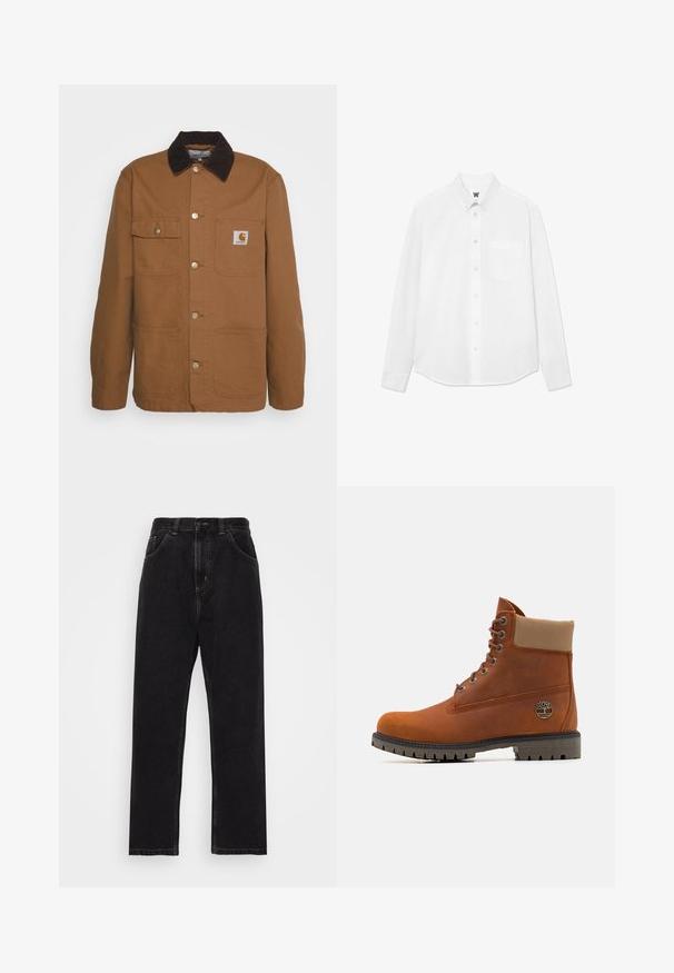 Chaqueta de trabajo marrón hecha de un tejido duradero con un cuello de pana, que cuenta con cuatro bolsillos y botones de metal en el frente.; Camisa blanca de manga larga con botones y cuello, bolsillo frontal y una textura sutil. La tapeta delantera tiene botones y un pequeño detalle del logo.; Vaqueros de mezclilla negra con un diseño de pierna recta, que cuentan con cinco bolsillos, un cierre con botón y cremallera, y costuras en amarillo contrastante.; Timberland Botines con cordones - medium orange