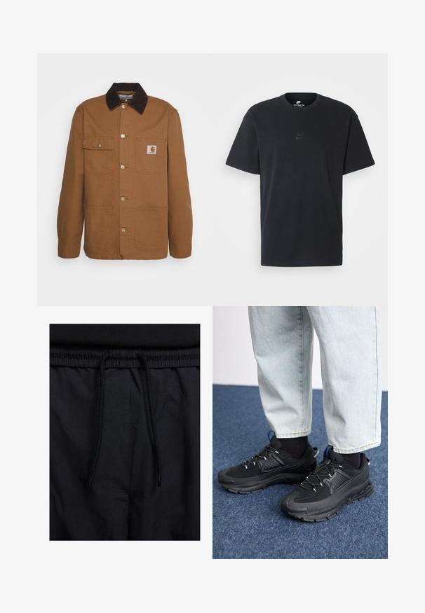 Rjava delovna jakna iz trpežnega blaga s kolabbrnim ovratnikom, ki ima štiri žepe in kovinske gumbe spredaj.; Nike črna bombažna majica z klasičnim okroglim izrezom, kratkimi rokavi in subtilnim, vtisnjenim logotipom na prsih. Gladka tekstura.; Črne kratke hlače z vrvico v pasu, lahkotna tkanina z gladko teksturo in preprosto zasnovo brez vidnih logotipov ali vzorcev.; Črne športne čevlje z teksturirano tkanino in gumijastimi podplati, ki imajo elastične vezalke ter modre poudarke na peti. Nosi se z lahkimi denim hlačami.
