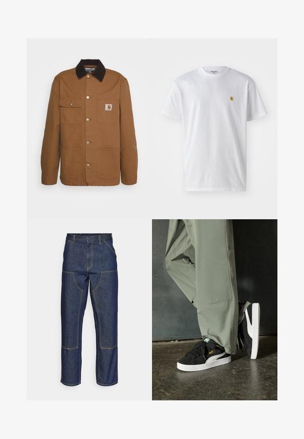 Brown work jacket made of durable fabric with a corduroy collar, featuring four pockets and metal buttons on the front.; White cotton t-shirt with short sleeves, crew neck, featuring a small gold logo on the left chest area. Soft texture and regular fit.; Dark blue denim jeans with a high waist, straight leg design, contrasting stitching, and patch pockets on the front.; Black suede sneakers with white rubber soles and side stripes, paired with light green cargo pants, standing on a textured dark surface.