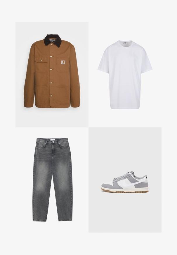 Brown work jacket made of durable fabric with a corduroy collar, featuring four pockets and metal buttons on the front.; White cotton t-shirt with short sleeves, rounded neckline, relaxed fit, and no visible logos or patterns. Smooth texture and minimal design.; High-waisted, loose-fitting jeans in faded black denim. Features five pockets, belt loops, and a clean, straight leg design.; Gray and white sneaker with a suede and leather upper, rounded toe, flat laces, and a rubber sole featuring a gum accent.