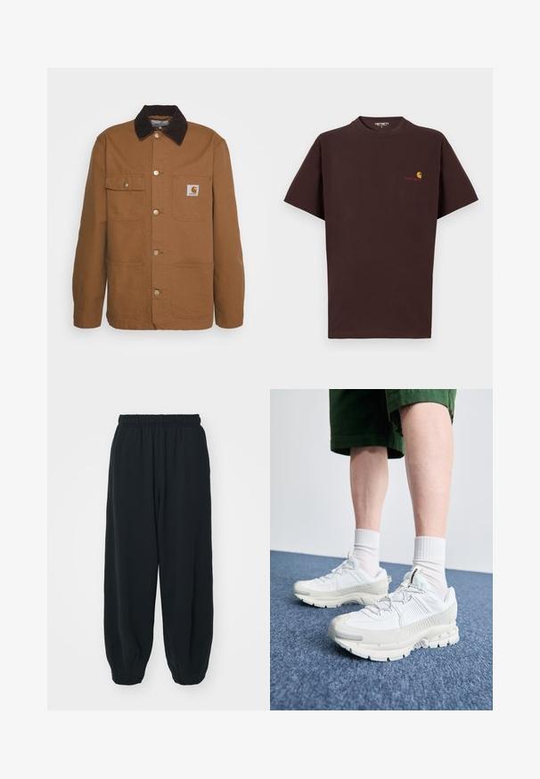 Hnedá pracovná bunda vyrobená z odolného materiálu s corduroy golierom, ktorá má štyri vrecká a kovové gombíky vpredu.; Hnedé bavlnené tričko s krátkymi rukávmi, okrúhly výstrih, logo na ľavej hrudi v oranžovej a červenej farbe, rovný lem a voľný strih.; Čierne tepláky s elastickým pásom, vo voľnom strihu, s manžetami na členkoch, hladkej textúry a bez viditeľných vzorov alebo kovových doplnkov.; Biele športové topánky s textúrovanými prešívaniami, robustnou podrážkou a sivými akcentami. Nosené s bielymi ponožkami po členky a zelenými šortkami na modrom povrchu.