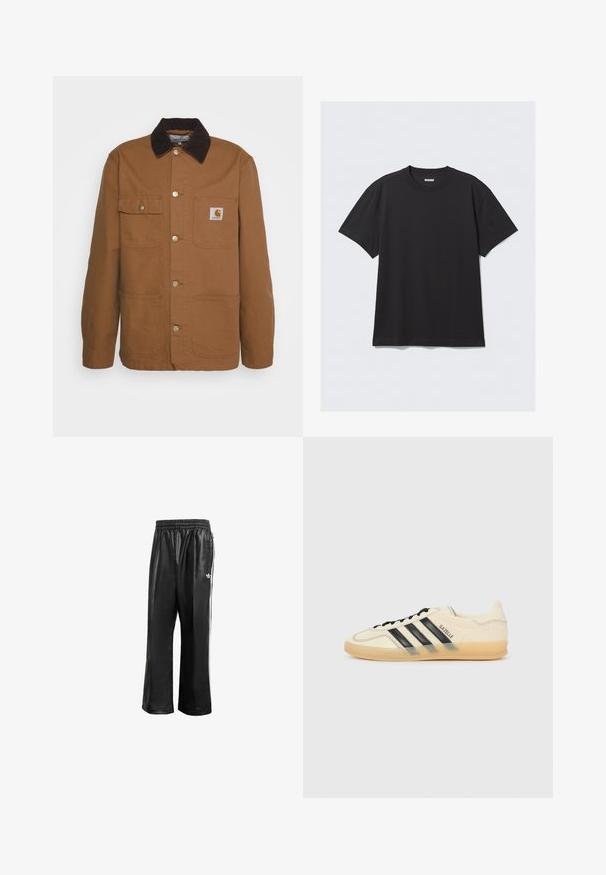 Casaco de trabalho castanho feito de tecido durável com gola de corduroy, com quatro bolsos e botões de metal à frente.; T-shirt preta de manga curta feita de algodão. Apresenta um decote redondo e um corte descontraído. Design simples, sem padrões ou detalhes visíveis.; Calças de treino sintéticas pretas com um cós elástico, apresentando riscas laterais brancas e um pequeno logótipo branco no quadril esquerdo.; Sapatilhas de creme claro com design de três riscas pretas, parte superior texturizada, bico redondo e sola de borracha. Apresenta atacadores e uma marca na lateral.