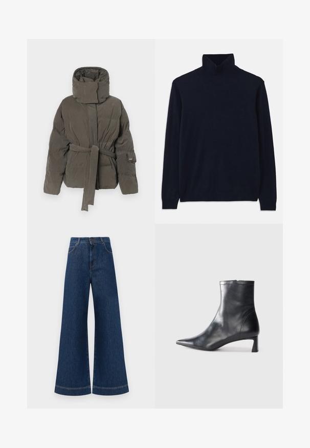 Tumši pelēks siltināts ziemas mētelis ar augstu apkakli un saskaņotu jostu, kas sasieta ap vidukli, garām piedurknēm un mīkstu matētu audumu.; Navy ražas džemperis ar garām piedurknēm, izgatavots no mīkstas adīšanas auduma. Ar ribotām apkaklēm un aprocēm, ar vienkāršu dizainu un bez rakstiem.; Plati ziladenim bikses ar augstu jostasvietu, kas aprīkotas ar pogas aizdari, jostu cilpām un nelieliem šuvju detalizējumiem ap kabatām un malām.; Melnas ādas potītes zābaki ar norādītu pirkstu un elegantu dizainu. Iezīmē zemu papēdi un rāvējslēdzēja aizdari aizmugurē. Gluda tekstūra.