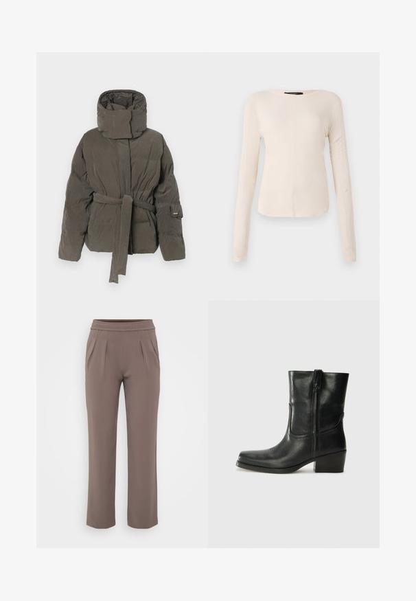 Tamsiai pilka pūsta žieminė striukė su aukštu apykakle ir atitinkančia juostele surišta ties liemeniu, ilgomis rankovėmis ir švelnia matinė audiniu.; Ilgesnių rankovių, šviesiai bežinis viršus su apvaliu iškirpimu. Pagamintas iš minkštos medžiagos, turi centrinę siūlę ir šiek tiek kreivą apatinių kraštų liniją. Matomų detalių nėra.; Smėlinės laisvo kirpimo kelnės su elastinga juosmens juostele ir priekine klostele, pagamintos iš lygaus audinio.; Juodi odiniai aulinukai iki kulkšnies su apvali nosimi, blokuotais kulnais, šonine užtrauktuku ir siuvimo akcentais ant viršutinės dalies. Lygi tekstūra, klasikinis dizainas.