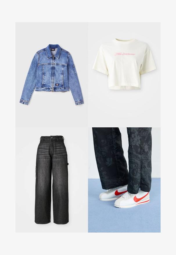 Světle modrá džínová bunda s límcem, zipovým zapínáním, dvěma předními kapsami a logem na nášivce. Obsahuje dlouhé rukávy a detaily prošívání.; Zkrácené tričko v krémové barvě vyrobené z bavlny. Má růžovou vyšívanou nášivku s nápisem "Nike Sportwear." Krátké rukávy a kulatý výstřih.; Krásné volné cargo džíny v tmavém denim. Vyznačují se vysokým pasem, dvěma bočními kapsami a jemně vybledlou texturou. Odolná tkanina a dobře padnoucí střih.; Bílé tenisky Nike s červenými akcenty, kombinované s černými kalhotami s květinovým vzorem. Povrch je hladký s plochou tkanou podrážkou.