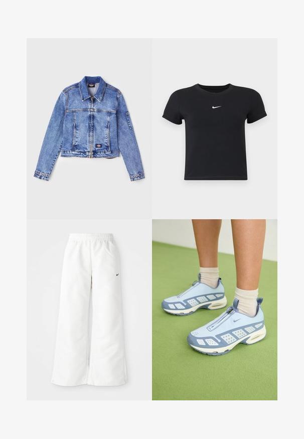 Helles blauer Jeansjacke mit Kragen, Reißverschluss, zwei Fronttaschen und einem Logo-Patch. Verfügt über lange Ärmel und Nähdetails.; Schwarzes T-Shirt mit kurzen Ärmeln aus Baumwolle und rundem Ausschnitt. Es hat ein weißes Nike-Logo auf der Brust, ein minimalistisches Design und eine taillierte Form.; Weiße Sporthose mit weitem Bein, elastischem Bund und kleinem schwarzen Nike-Logo auf der linken Seite. Glattes, leichtes Material.; Hellblaue Sportschuhe mit weißen Akzenten, strukturierten Bereichen und einem Reißverschluss. Sie verfügen über eine sichtbare Luftpolster-Sohle und eine Gummisohle.
