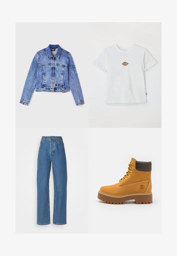 Ljusblå denimjacka med krage, dragkedjestängning, två fack framtill och en logotypapplikation. Har långa ärmar och sömnadsdetaljer.; Vit bomull t-shirt med en rund logotyp med flerfärgade accenter. Korta ärmar och rund halsringning, med en liten etikett vid fållen.; Högmidjade, raka blåjeans med en urblekt yta. Har fem fickor, knappstängning och diskreta söm detaljer.; Tan vattentålig ankelstövel med en robust gummisul, rund tå, brunt läderkrage, gula snören och en logotyp på sidan.