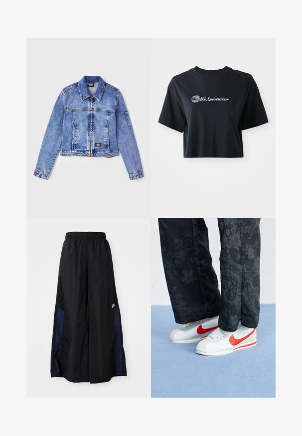 Gaiši zila denima jaka ar apkakli, rāvējslēdzēja aizdari, divām priekšējām kabatām un logotipa plāksteri. Iespējas garās piedurknes un šuvju detaļas.; Izgriezta melna kokvilnas T-kreklā ar īsām piedurknēm, kurā ir balta teksta uzraksts "Vice Sportswear" un apļveidīga grafika uz priekšpuses.; Melni plata kāju bikses no viegla auduma, ar tumši zilu sānu paneli un elastīgu jostu. Mazs balts logotips apakšā.; Baltas Nike sporta apavi ar sarkanām akcentiem, savienoti ar melniem biksēm, kurām ir ziedu raksts. Virsma ir gluda ar plakanu pinumu zoli.