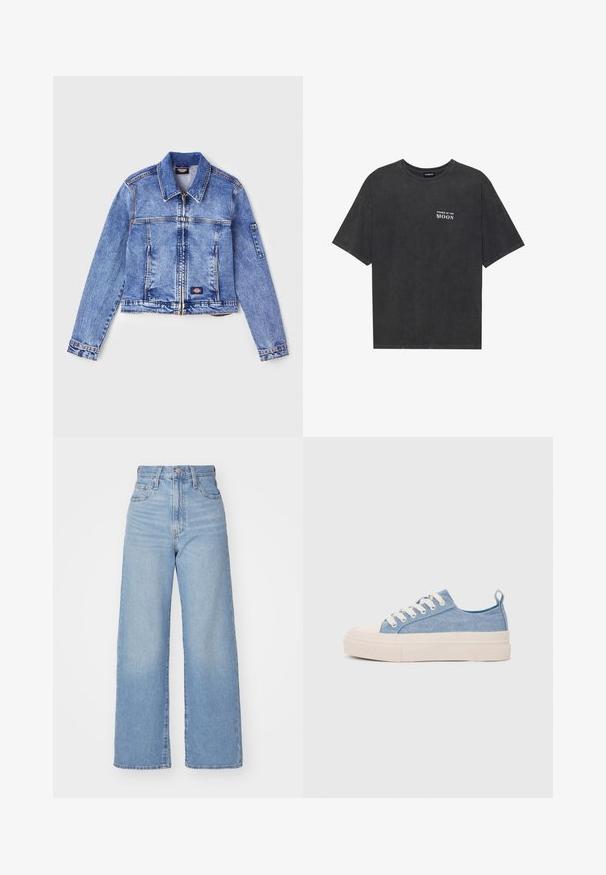 Light blue denim jacket with a collar, zip closure, two front pockets, and a logo patch. Features long sleeves and stitching details.; Black cotton t-shirt with a loose fit, featuring “PHASES OF THE MOON” text in white on the left chest. Short sleeves, crew neck design.; Light blue high-waist wide-leg jeans with front button and zip closure, front and back pockets, on a white background.; Light blue canvas sneakers with a cream rubber toe cap and outsole, featuring white laces and a pull tab on the heel.