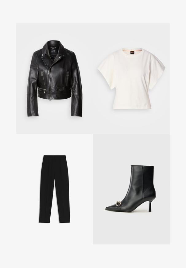 Black leather biker jacket with a collar, zippered front, and multiple pockets. Stylish, modern design suitable for casual wear.; White cropped T-shirt, short wide sleeves, soft cotton material, round neckline with subtle orange trim, minimal design, no patterns or graphics.; Black trousers with a straight fit, featuring double pleats, a smooth texture, and a classic waistband design. No visible hardware or accents.; Black leather ankle boot with pointed toe, slim mid-height heel, and silver buckle detail on side against plain background.