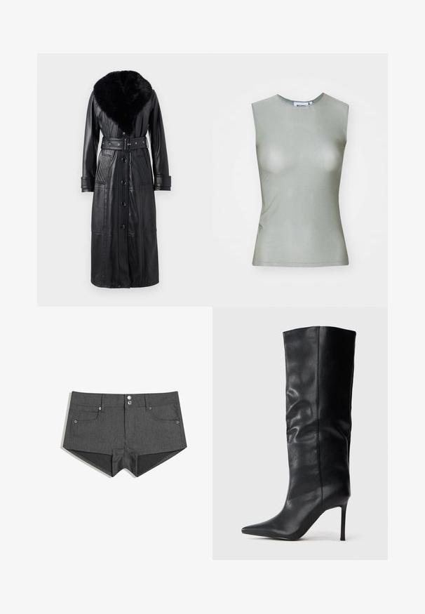 Palton din piele neagră cu o siluetă lungă, având un guler din blană sintetică, detalii cu curea și accente verticale cu tradiții pe buzunare și mâneci.; Top fără mâneci, de culoare verde deschis, realizat dintr-un material neted, având un gât înalt și o siluetă ajustată. Fără accesorii sau modele vizibile.; Șorturi din denim gri, cu două buzunare frontale, două butoane frontale și un design ajustat. Țesătura are o textură netedă.; Cizma de piele neagră, până la genunchi, cu vârf ascuțit și toc subțire, pe un fundal alb simplu.