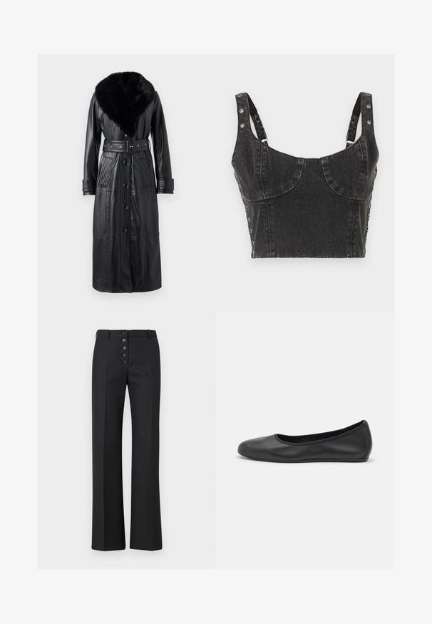 Melna ādas jaka ar garu siluetu, kas piedāvā mākslīgās kažokādas apkakli, jostas detaļu un vertikālas ribotas akcentus uz kabatām un piedurknēm.; Ksubi DAUPHINE BUSTIER SHADOW - Tops - black; The Kooples PANTALON - Auduma bikses - black; Melna ādas baleta kurpe ar noapaļotu purngalu, gludu tekstūru, minimālu šuvju detalizāciju un elastīgu zoles dizainu.