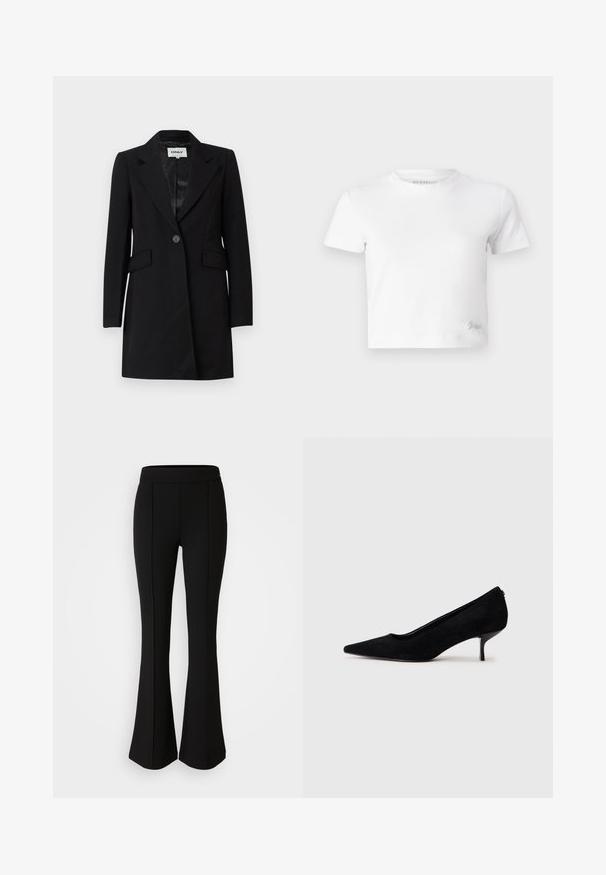 ONLY ONLCATHY LONG COAT - Classic coat - black; White cropped t-shirt made of smooth cotton, featuring a high neckline and short sleeves. Small embroidered logo in the bottom corner.; Black flared pants made of a stretchy material with a smooth texture, featuring seam details along the front for added design.; Black suede high heel shoe with a pointed toe and a slim, low heel. Smooth texture with a sleek design, featuring no visible hardware.